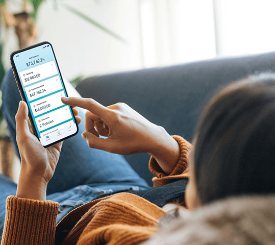 Woman using My AMP mobile app